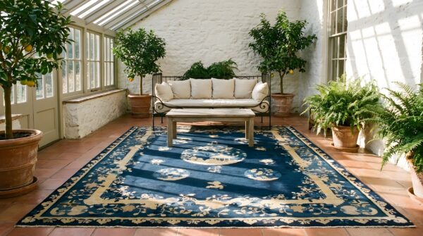 Blue 1920s hand knotted pile rectangle wool antique rug 9 Blue 1920s hand knotted pile rectangle wool antique rug (sku 23690) - room view