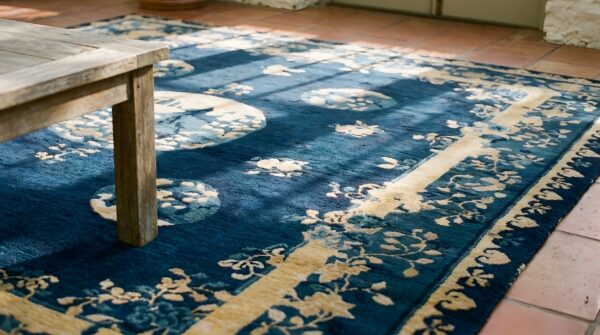 Blue 1920s hand knotted pile rectangle wool antique rug 10 Blue 1920s hand knotted pile rectangle wool antique rug (sku 23690) - in-room detail