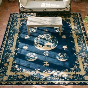 Blue 1920s Hand Knotted Pile Rectangle Wool Antique Rug (SKU 23690) - styled overhead view