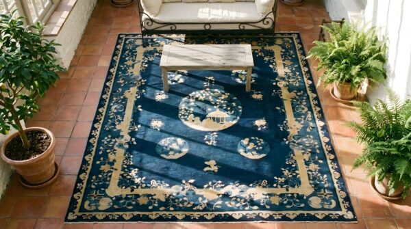 Blue 1920s hand knotted pile rectangle wool antique rug 2 Blue 1920s hand knotted pile rectangle wool antique rug (sku 23690) - styled overhead view