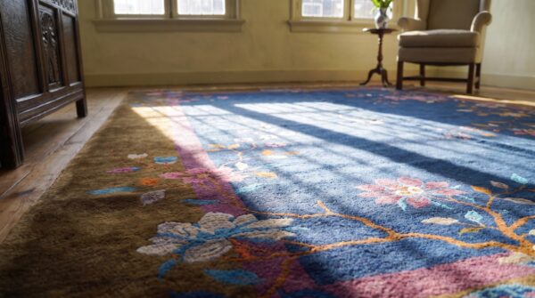 Hand knotted pile antique blue 1920s wool rectangle rug (sku 24890) - in-room detail