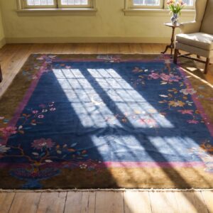Hand Knotted Pile Antique Blue 1920s Wool Rectangle Rug (SKU 24890) - styled overhead view