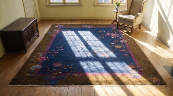 Hand knotted pile antique blue 1920s wool rectangle rug (sku 24890) - styled overhead view