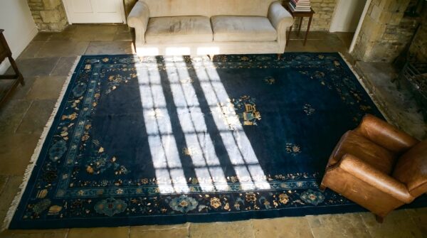 Antique blue 1920s room size wool rectangle chinese - peking knotted rug (sku 25400) - styled overhead view