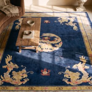 Blue 1930s Chinese Room Size Antique - Peking Rectangle Wool Knotted Rug (SKU 25267) - styled overhead view