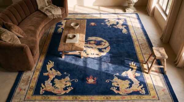 Blue 1930s chinese room size antique - peking rectangle wool knotted rug 2 Blue 1930s chinese room size antique - peking rectangle wool knotted rug (sku 25267) - styled overhead view