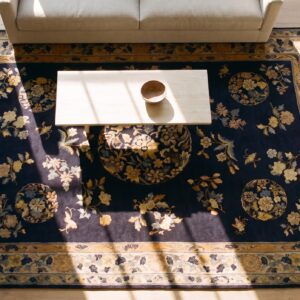 Antique Wool Blue Hand Knotted Pile Rug (SKU 24661) - styled overhead view