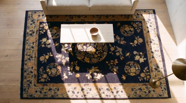 Antique wool blue hand knotted pile rug 2 Antique wool blue hand knotted pile rug (sku 24661) - styled overhead view