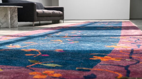 Hand knotted pile blue allover floral antique wool 1920s chinese deco hall runner rug 7 Hand knotted pile blue allover floral antique wool 1920s chinese deco hall runner rug (sku 21819) - in-room detail