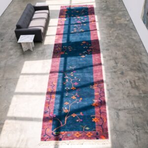 Hand Knotted Pile Blue Allover Floral Antique Wool 1920s Chinese Deco Hall Runner Rug (SKU 21819) - styled overhead view