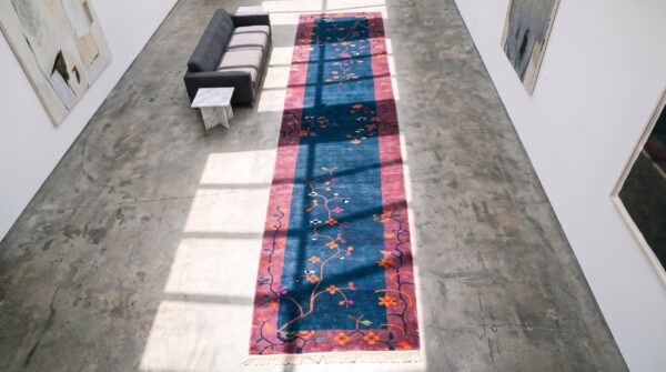Hand knotted pile blue allover floral antique wool 1920s chinese deco hall runner rug 2 Hand knotted pile blue allover floral antique wool 1920s chinese deco hall runner rug (sku 21819) - styled overhead view