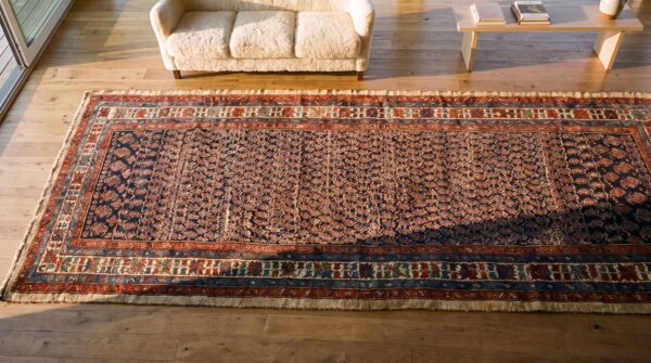 Antique blue wool hand knotted pile allover paisley nw persian gallery rug 2 Antique blue wool hand knotted pile allover paisley nw persian gallery rug (sku 21595) - styled overhead view