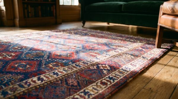 Blue antique allover tribal design persian kurdish area rug 9 Blue antique allover tribal design persian kurdish area rug (sku 18911) - in-room detail