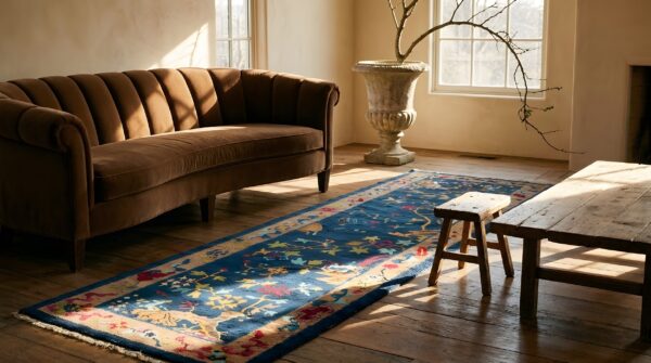 Blue antique art deco floral pattern chinese hallway runner wool rug (sku 23715) - room view