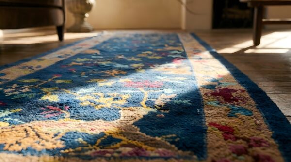 Blue antique art deco floral pattern chinese hallway runner wool rug (sku 23715) - in-room detail