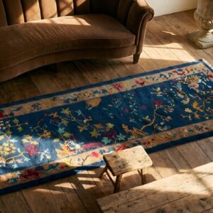 Blue Antique Art Deco Floral Pattern Chinese Hallway Runner Wool Rug (SKU 23715) - styled overhead view