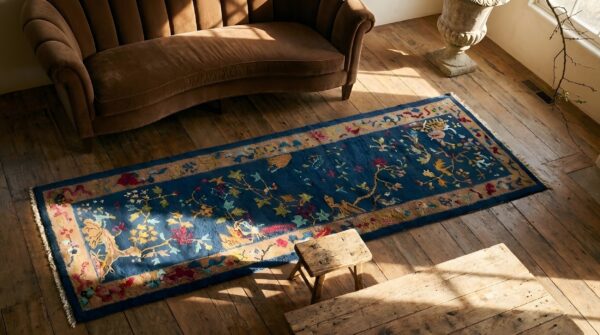 Blue antique art deco floral pattern chinese hallway runner wool rug (sku 23715) - styled overhead view