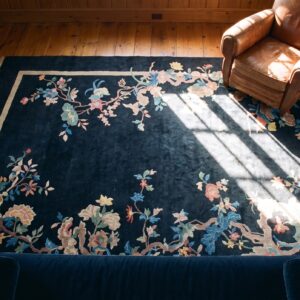 Blue Antique Artistic Art Deco Chinese Crane Pattern Area Rug (SKU 21566) - styled overhead view