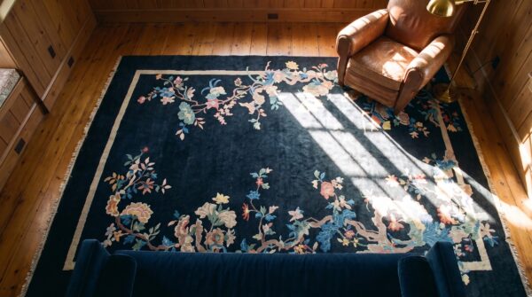 Blue antique artistic art deco chinese crane pattern area rug 2 Blue antique artistic art deco chinese crane pattern area rug (sku 21566) - styled overhead view