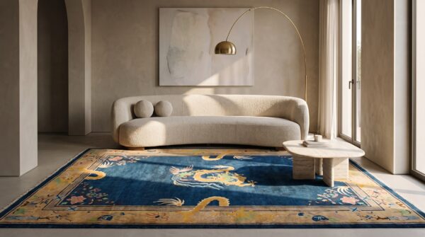 Blue background antique art deco chinese dragon design area rug 6 Blue background antique art deco chinese dragon design area rug (sku 22926) - room view