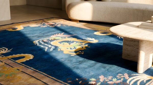 Blue background antique art deco chinese dragon design area rug 7 Blue background antique art deco chinese dragon design area rug (sku 22926) - in-room detail