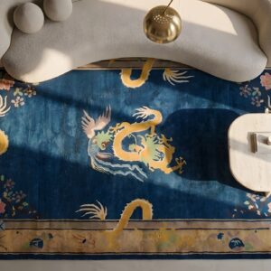 Blue Background Antique Art Deco Chinese Dragon Design Area Rug (SKU 22926) - styled overhead view