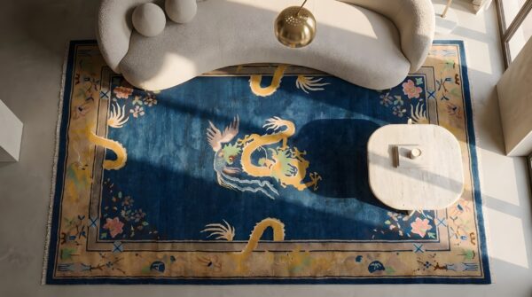 Blue background antique art deco chinese dragon design area rug 2 Blue background antique art deco chinese dragon design area rug (sku 22926) - styled overhead view