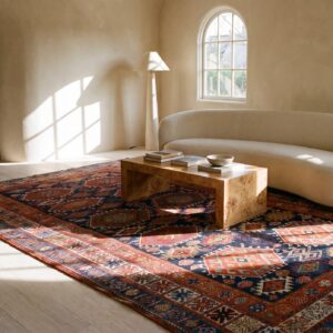 Blue Background Antique Persian Tribal Geometric Jewel Ton Color Design Kurdish Rug (SKU 21800) - room view