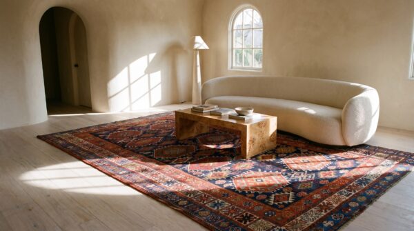 Blue background antique persian tribal geometric jewel ton color design kurdish rug 7 Blue background antique persian tribal geometric jewel ton color design kurdish rug (sku 21800) - room view