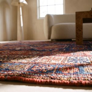 Blue Background Antique Persian Tribal Geometric Jewel Ton Color Design Kurdish Rug (SKU 21800) - in-room detail