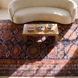 Blue Background Antique Persian Tribal Geometric Jewel Ton Color Design Kurdish Rug (SKU 21800) - styled overhead view