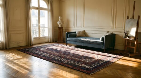 Antique blue background persian tribal kurdish small size rug 4 Antique blue background persian tribal kurdish small size rug (sku 20351) - room view