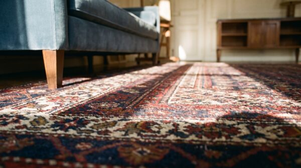 Antique blue background persian tribal kurdish small size rug 5 Antique blue background persian tribal kurdish small size rug (sku 20351) - in-room detail