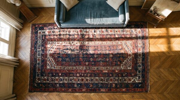 Antique blue background persian tribal kurdish small size rug 2 Antique blue background persian tribal kurdish small size rug (sku 20351) - styled overhead view