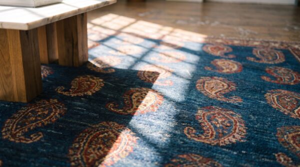 Antique blue background tribal paisley design nw persian long and narrow gallery rug 10 Antique blue background tribal paisley design nw persian long and narrow gallery rug (sku 19846) - in-room detail