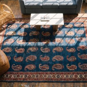 Antique Blue Background Tribal Paisley Design NW Persian Long and Narrow Gallery Rug (SKU 19846) - styled overhead view