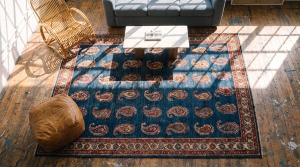 Antique blue background tribal paisley design nw persian long and narrow gallery rug 2 Antique blue background tribal paisley design nw persian long and narrow gallery rug (sku 19846) - styled overhead view