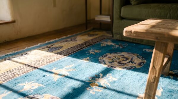 Blue antique bird of paradise chinese dragons design peking rug 10 Blue antique bird of paradise chinese dragons design peking rug (sku 25710) - in-room detail