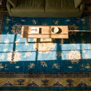 Blue Antique Bird of Paradise Chinese Dragons Design Peking Rug (SKU 25710) - styled overhead view