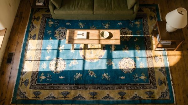Blue antique bird of paradise chinese dragons design peking rug 2 Blue antique bird of paradise chinese dragons design peking rug (sku 25710) - styled overhead view