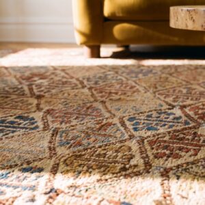 Blue , Brown Earth Tone , Ivory Beige Cream White , Red Blue Brown Earth Tone Ivory Beige Cream White Red Antique Tribal Persian Bakshaish Rug (SKU 23305) - in-room detail