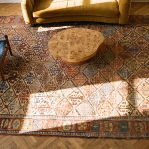 Blue , Brown Earth Tone , Ivory Beige Cream White , Red Blue Brown Earth Tone Ivory Beige Cream White Red Antique Tribal Persian Bakshaish Rug (SKU 23305) - styled overhead view