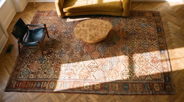 Blue , brown earth tone , ivory beige cream white , red blue brown earth tone ivory beige cream white red antique tribal persian bakshaish rug 2 Blue , brown earth tone , ivory beige cream white , red blue brown earth tone ivory beige cream white red antique tribal persian bakshaish rug (sku 23305) - styled overhead view