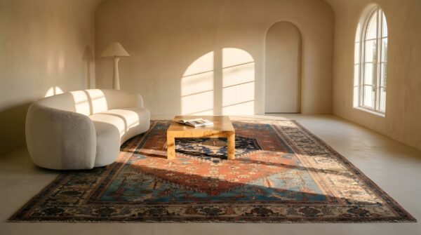 Blue , brown earth tone , ivory beige cream white , red antique bakshaish room size wool rug 10 Blue , brown earth tone , ivory beige cream white , red antique bakshaish room size wool rug (sku 25650) - room view