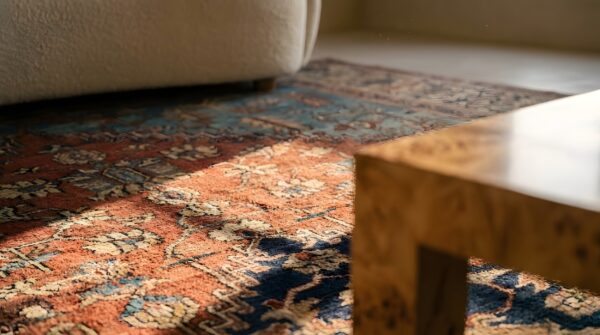 Blue , brown earth tone , ivory beige cream white , red antique bakshaish room size wool rug 11 Blue , brown earth tone , ivory beige cream white , red antique bakshaish room size wool rug (sku 25650) - in-room detail