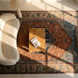 Blue , Brown Earth Tone , Ivory Beige Cream White , Red Antique Bakshaish Room Size Wool Rug (SKU 25650) - styled overhead view