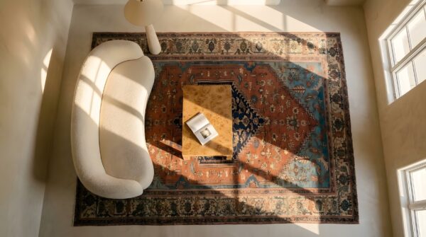 Blue , brown earth tone , ivory beige cream white , red antique bakshaish room size wool rug 2 Blue , brown earth tone , ivory beige cream white , red antique bakshaish room size wool rug (sku 25650) - styled overhead view