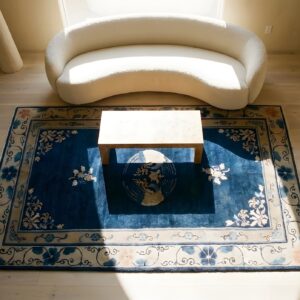 Antique Blue Chinese Floral Bird Design Medallion Small Wool Pile Peking Rug (SKU 23233) - styled overhead view
