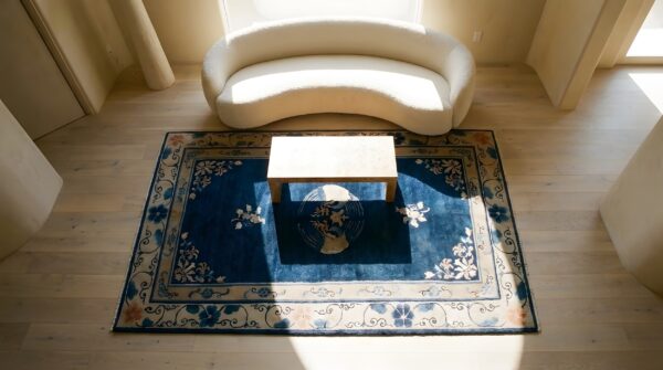 Antique blue chinese floral bird design medallion small wool pile peking rug 2 Antique blue chinese floral bird design medallion small wool pile peking rug (sku 23233) - styled overhead view