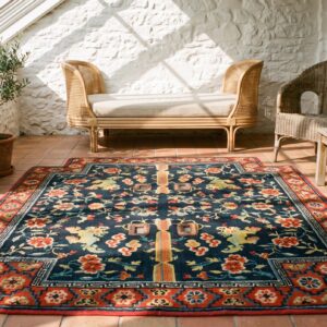 Antique Blue Chinese Foo Dog Lion Design Horse Saddle Cover Wool Rug (SKU 22490) - room view